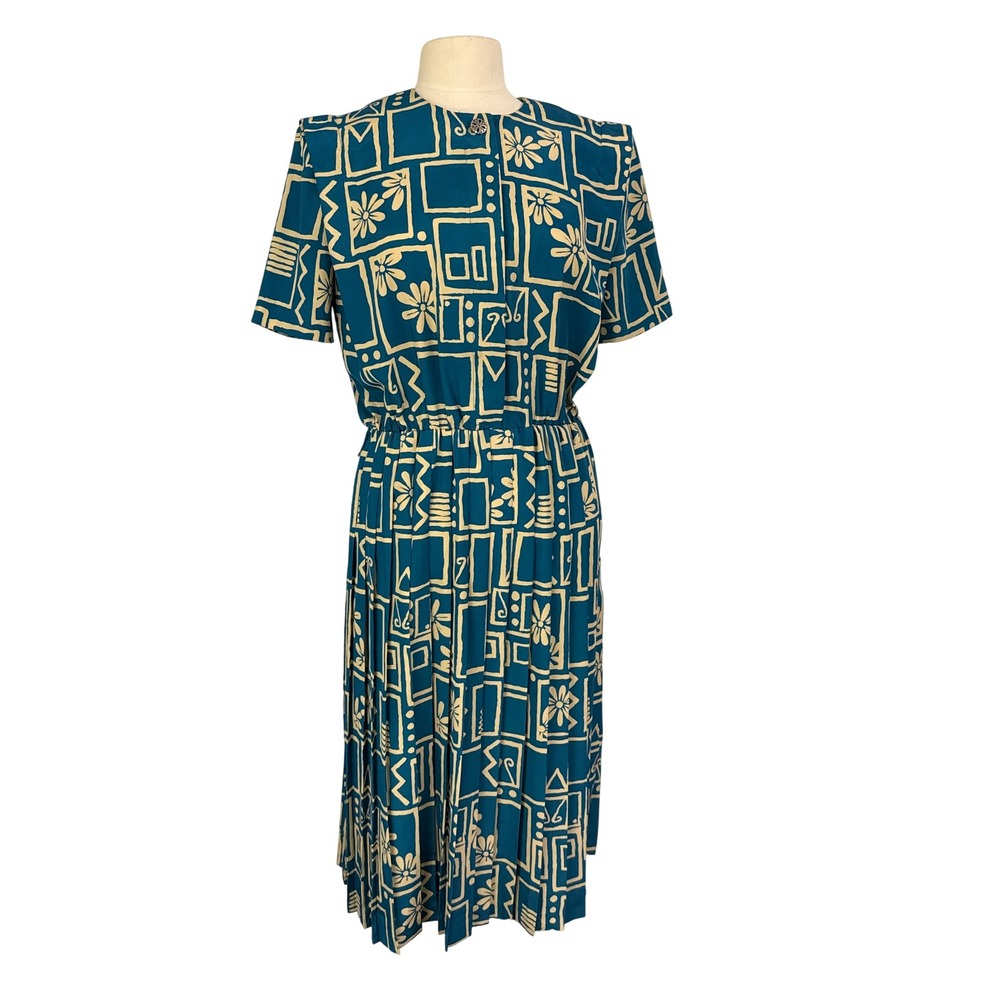 Leslie Fay Vintage Teal Geometric Tiki Pleated Midi Dress Womens sz 10 Secretary